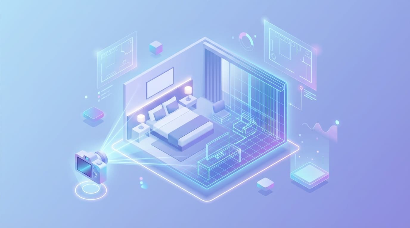 3Dバーチャルツアーによるホテル客室のデジタルツイン化を表現した概念イラスト