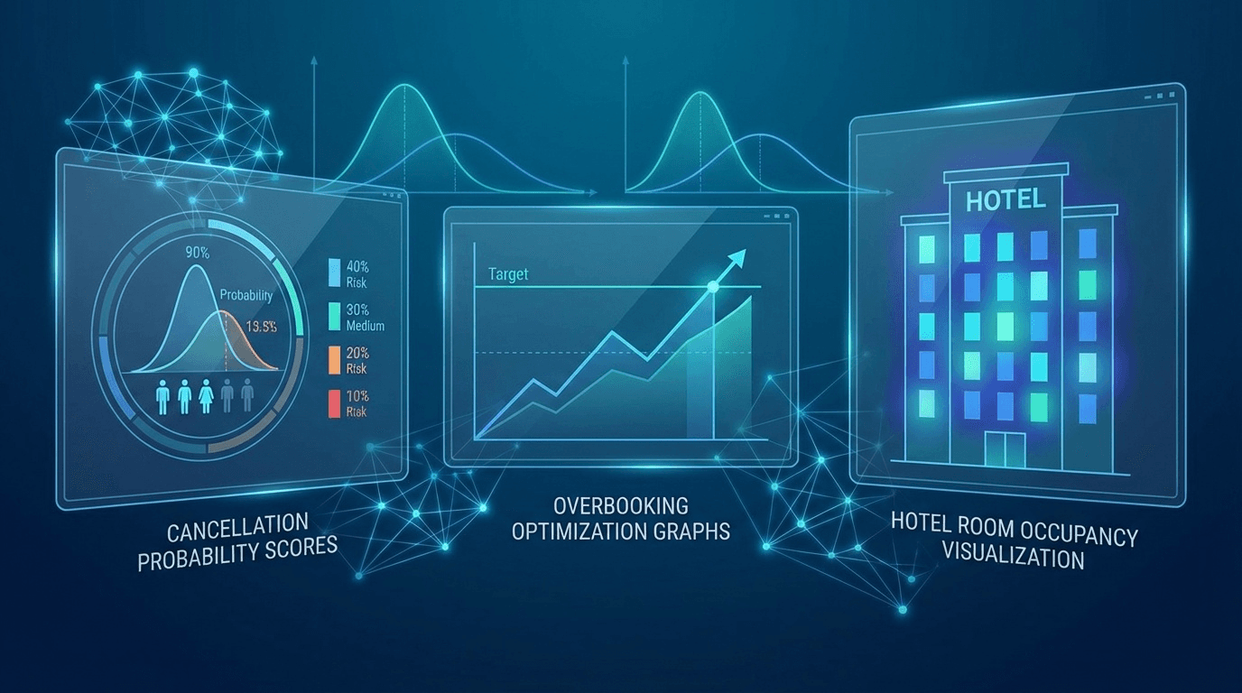 AIキャンセル予測とオーバーブッキング最適化のイメージ:データ分析ダッシュボードとホテル稼働率の可視化