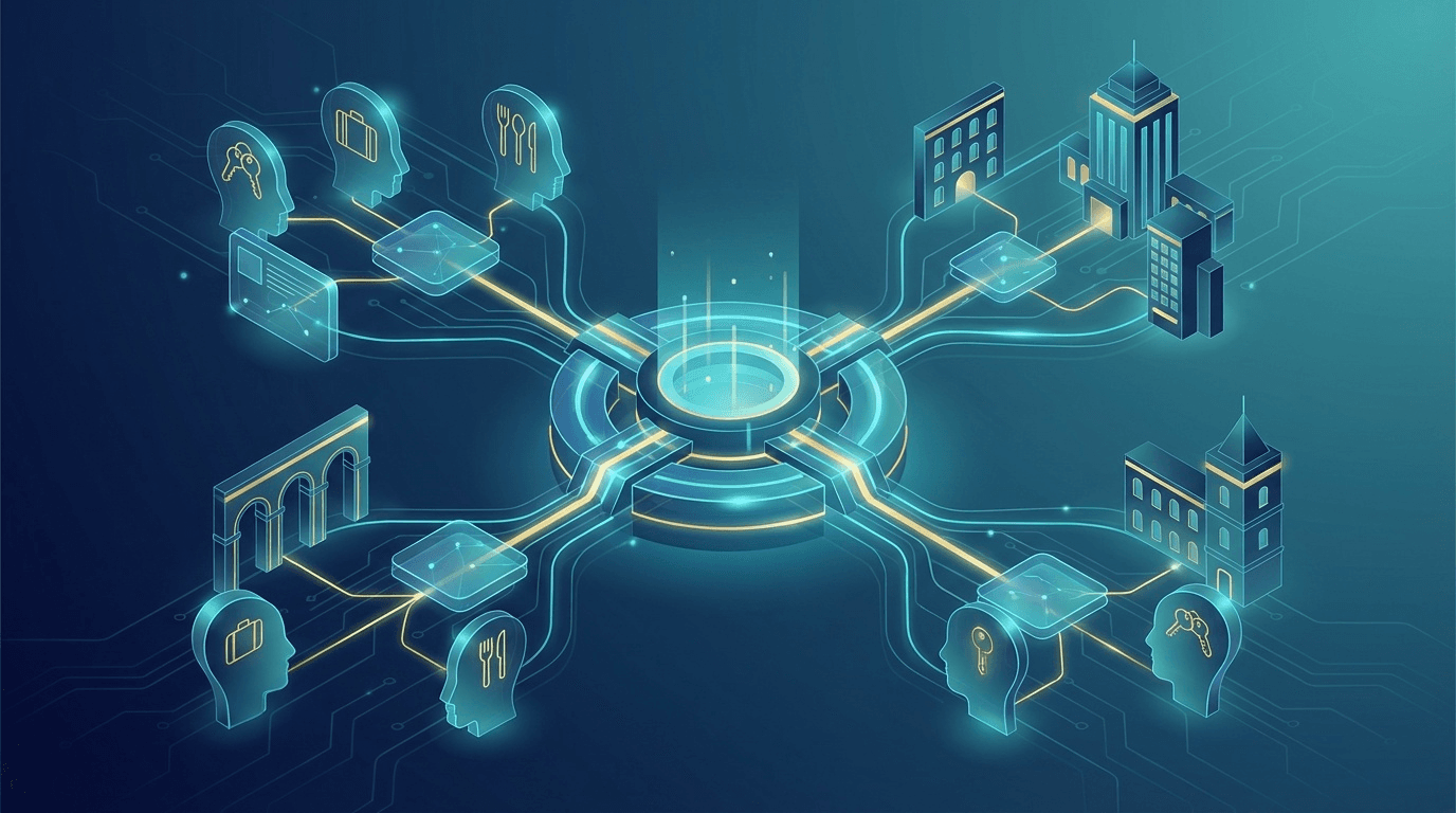 AIゲストデータ基盤(CDP)によるハイパーパーソナライゼーションの概念図:データノードとホテル要素が統合デジタルハブに集約されるイメージ