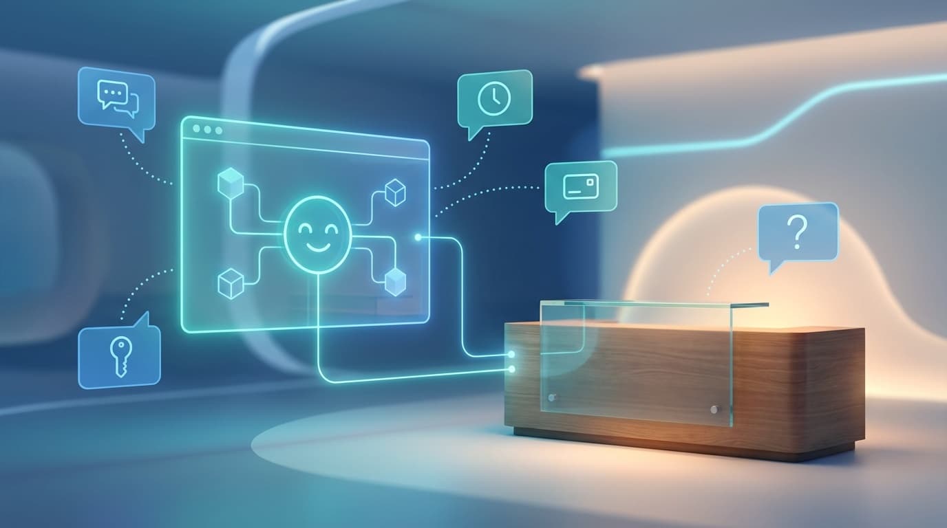 AIチャットボットが宿泊施設のフロントデスクと連携し、ゲストの問い合わせに自動応答する様子を表現したイラスト