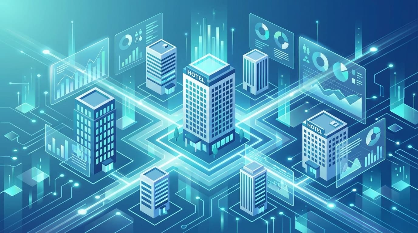 AIコンペティティブ・インテリジェンスによるホテル競合分析と市場ベンチマークの概念図