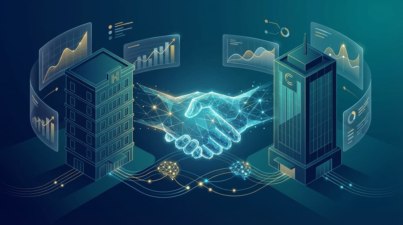 AIによる法人契約・コーポレートレート交渉の革新を表すデジタルイラスト