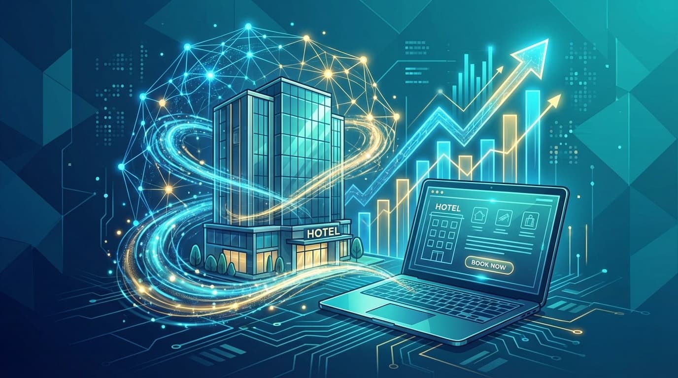 AI活用による自社予約サイトのコンバージョン率最適化を表す、ホテルとデジタルデータ分析のイラスト