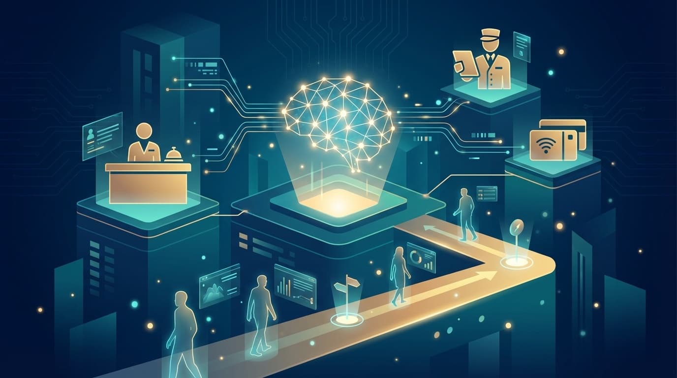 AI研修プラットフォームによるホテルスタッフ育成のコンセプトイラスト