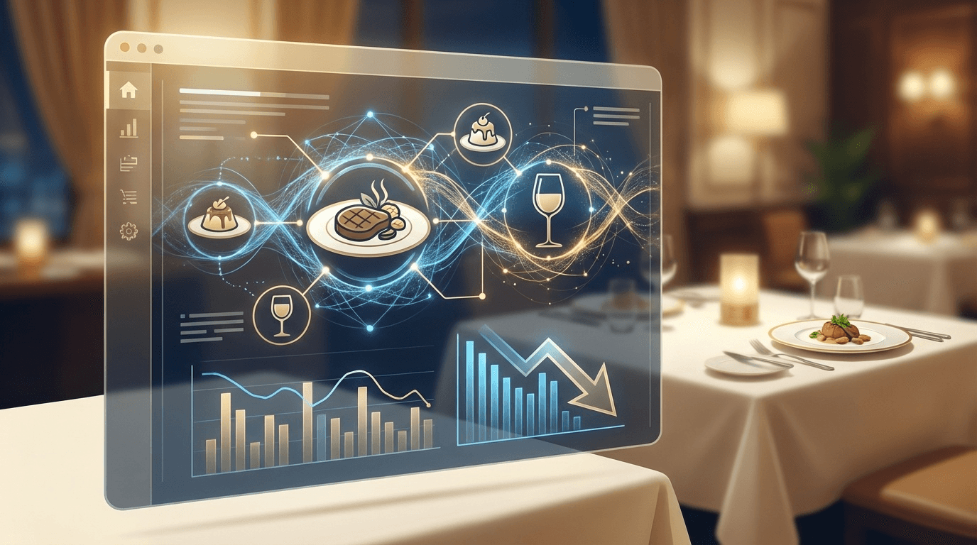 AIメニューエンジニアリングによるホテルF&B部門の食材原価最適化を表すデジタルダッシュボードと料理のイラスト