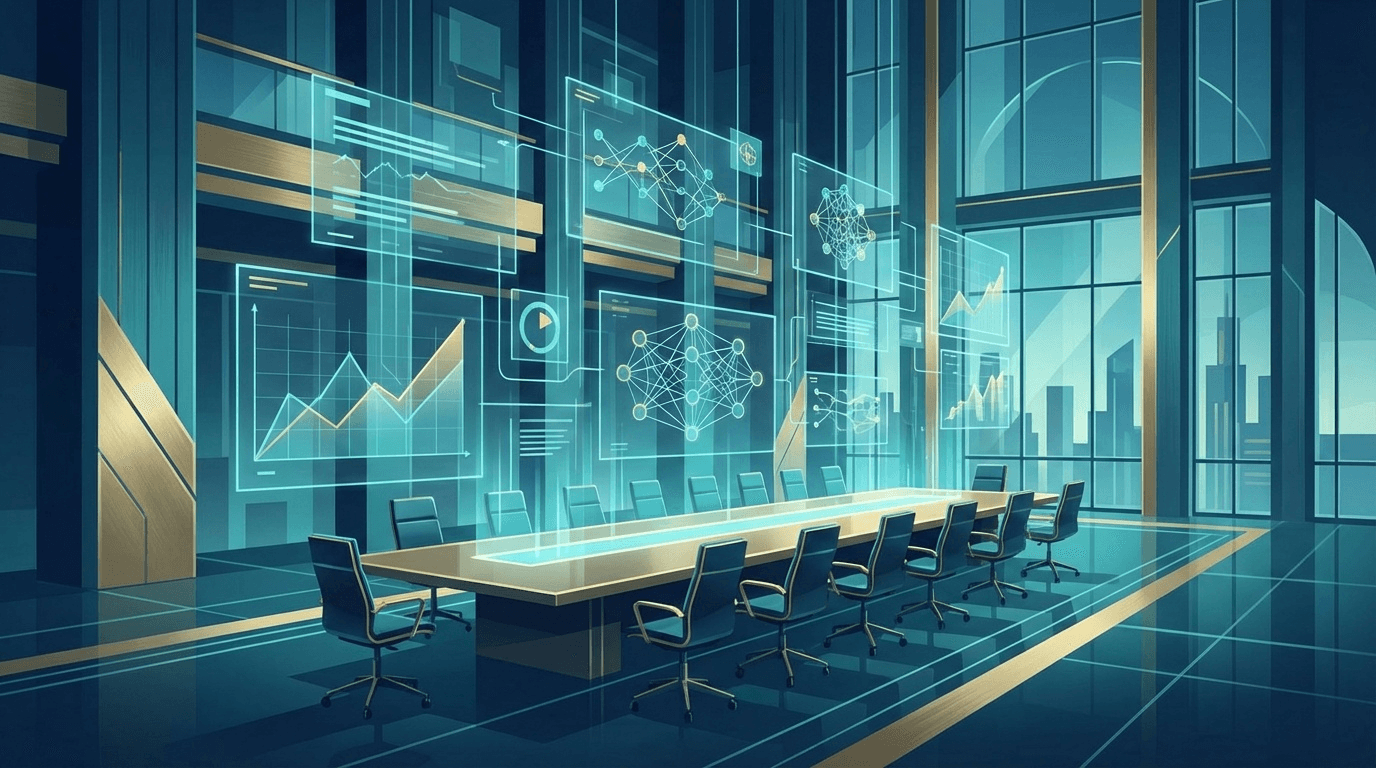 AI×MICE・グループ営業の収益最適化を表すデジタルアートイラスト