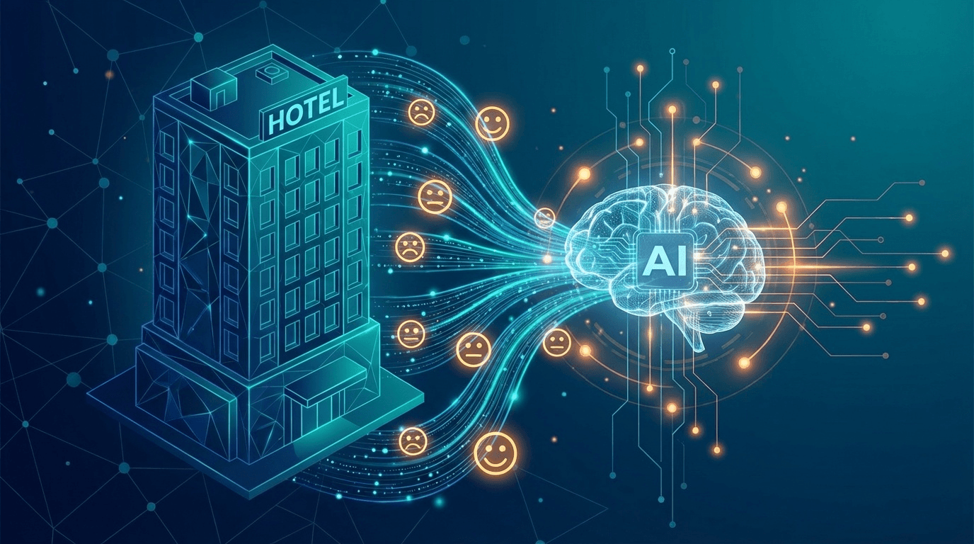 AI滞在中リアルタイムセンチメント分析によるホテルのサービスリカバリーを表現した概念イラスト