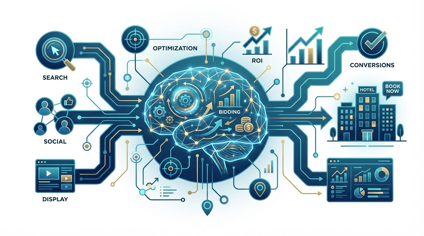 AIによるホテルデジタル広告最適化を表す抽象的イラスト:メタサーチ自動入札・プログラマティック広告・ROI最大化の概念図
