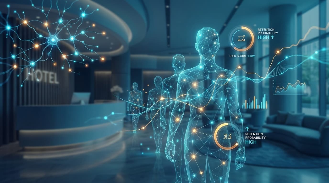 AI離職予測とピープルアナリティクスによる宿泊業の人材定着戦略を表す概念イラスト