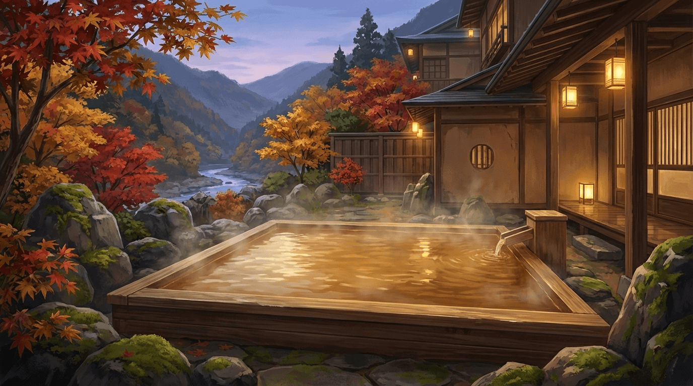 有馬温泉の金泉が湧く露天風呂と紅葉に彩られた渓谷の旅館風景