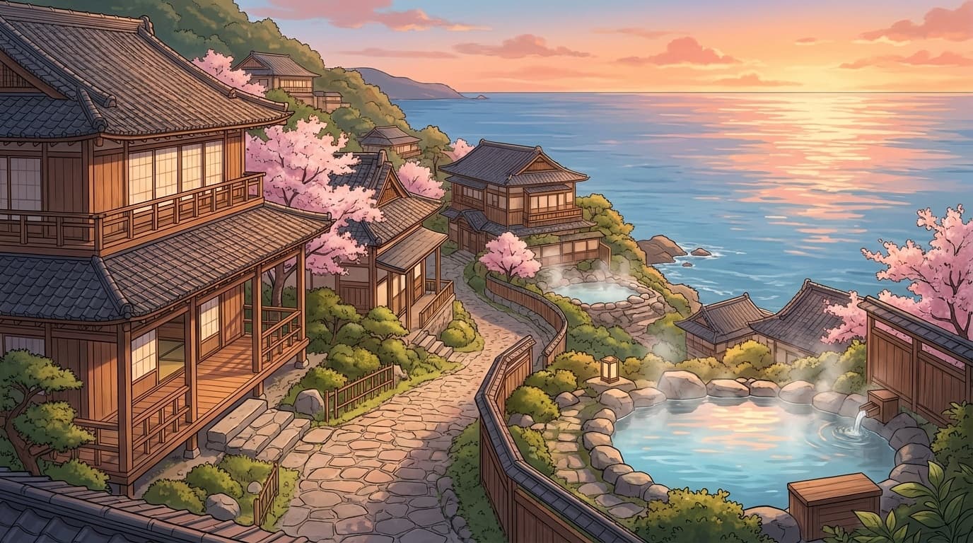 熱海温泉の海沿い旅館と相模湾の絶景イメージ