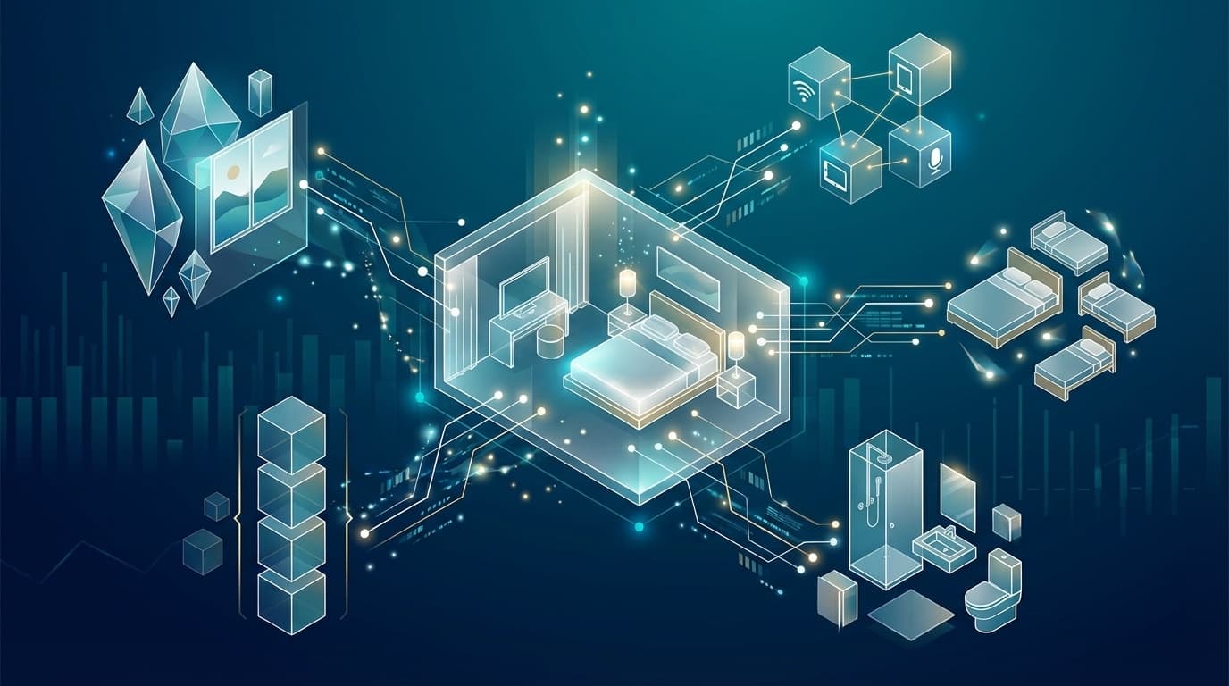 ホテル客室の属性(眺望・階層・ベッド・設備)が個別要素に分解され、AIがパーソナライズ提案する概念図