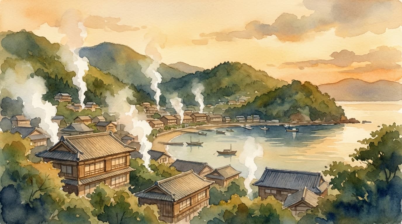 別府温泉の湯けむりが立ちのぼる街並みと旅館が並ぶ風景