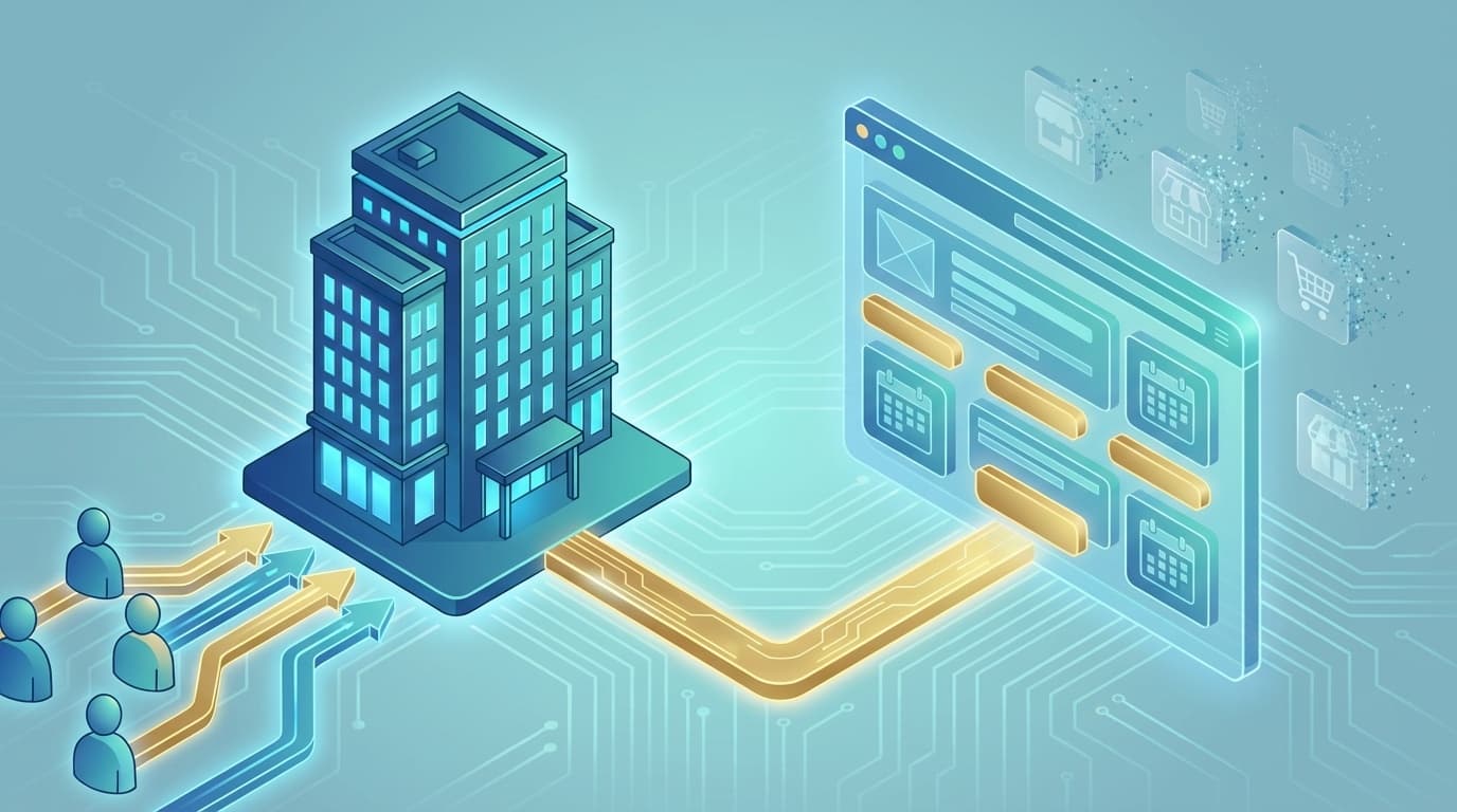 ホテル予約エンジンによる直販戦略の概念図:公式サイトとゲストを直接つなぐデジタル予約フロー