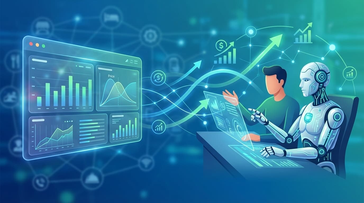 コパイロット型AIレベニューマネジメントの人間×AI協調ワークフローを表現した概念イラスト