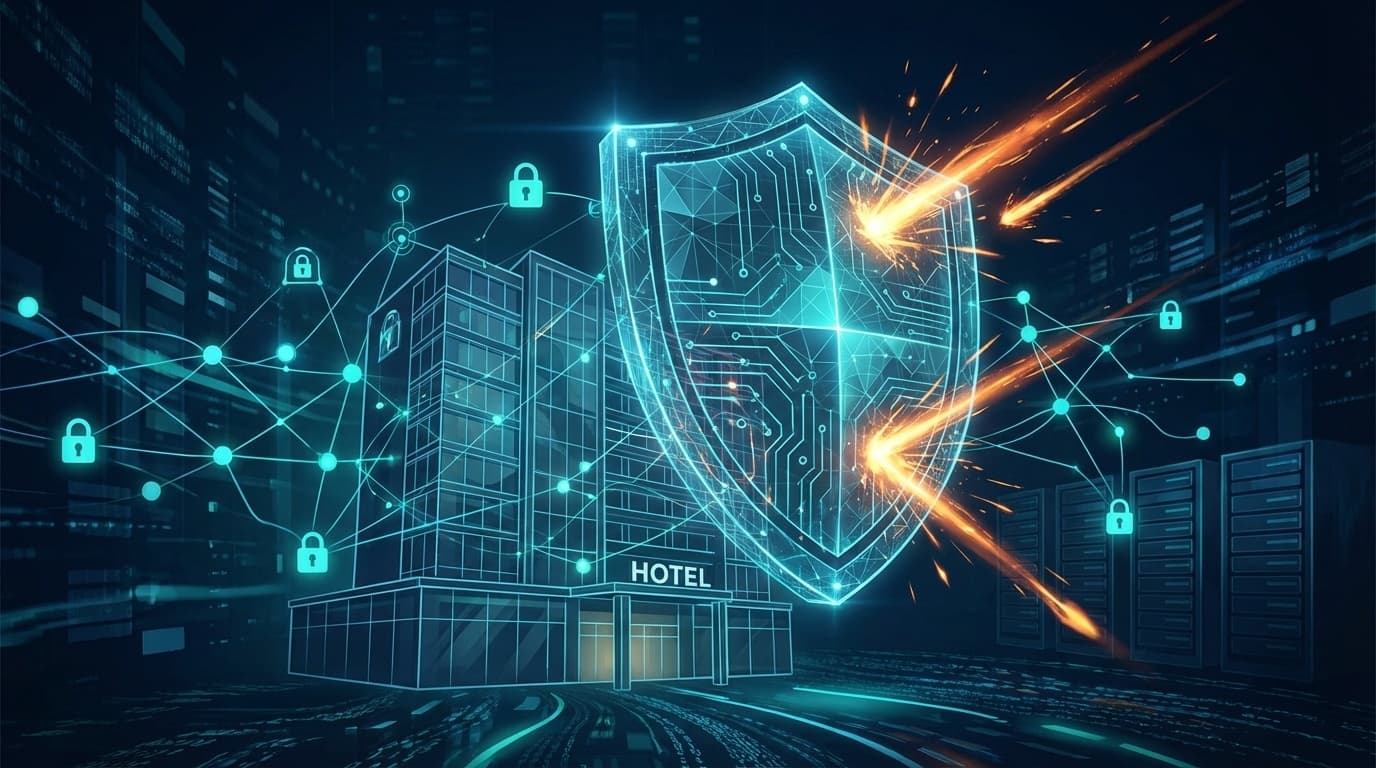 宿泊施設のサイバーセキュリティを表すデジタルシールドとホテルのイラスト