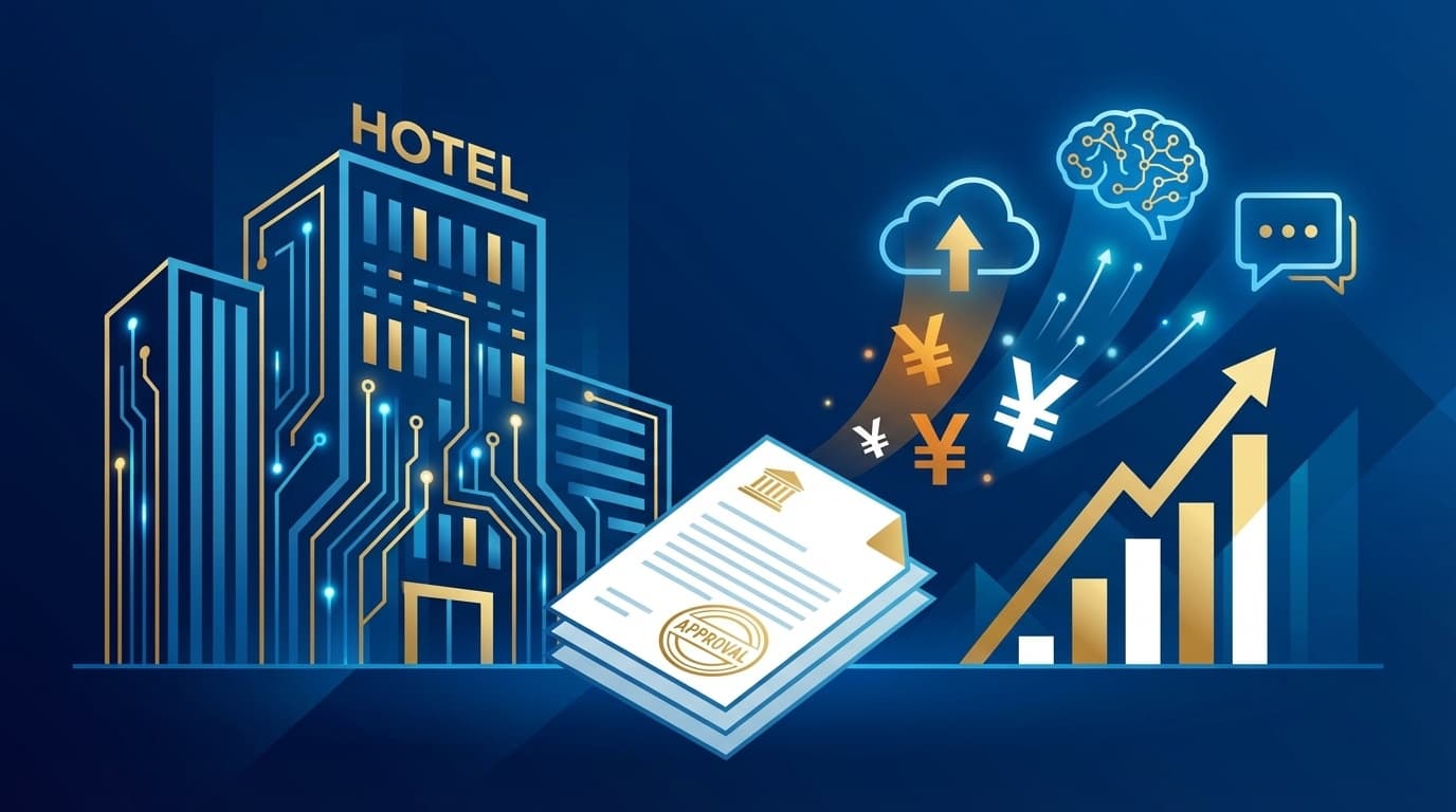 デジタル化・AI導入補助金2026を活用した宿泊施設のDX推進を表すイラスト