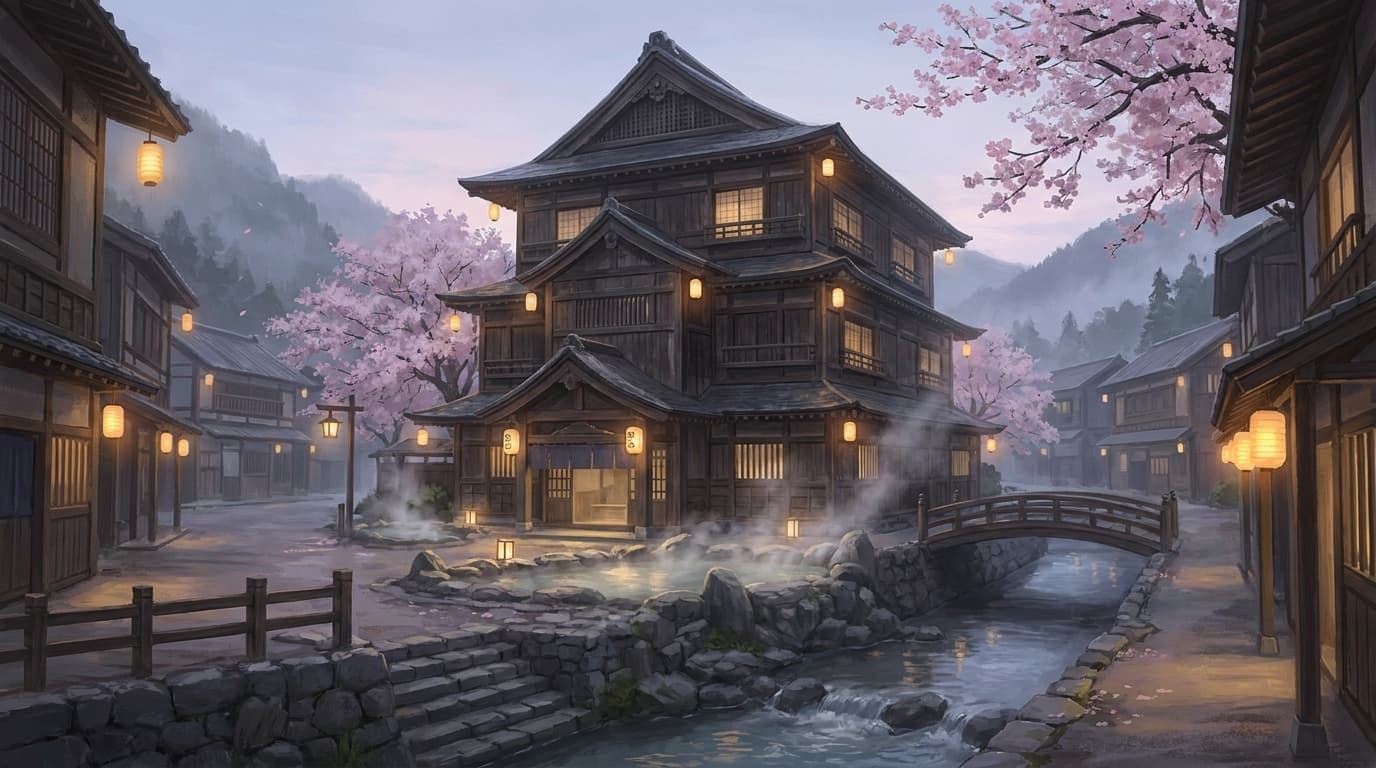 道後温泉の歴史ある三層楼の外観と湯けむりが立ちのぼる温泉街の風景