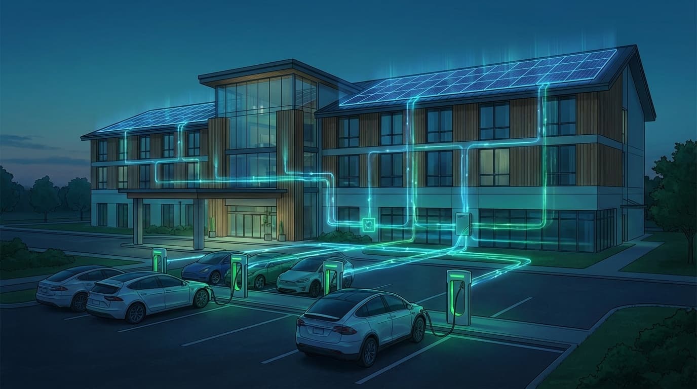 宿泊施設のEV充電インフラとV2Hシステムによるエネルギー最適化のイメージ