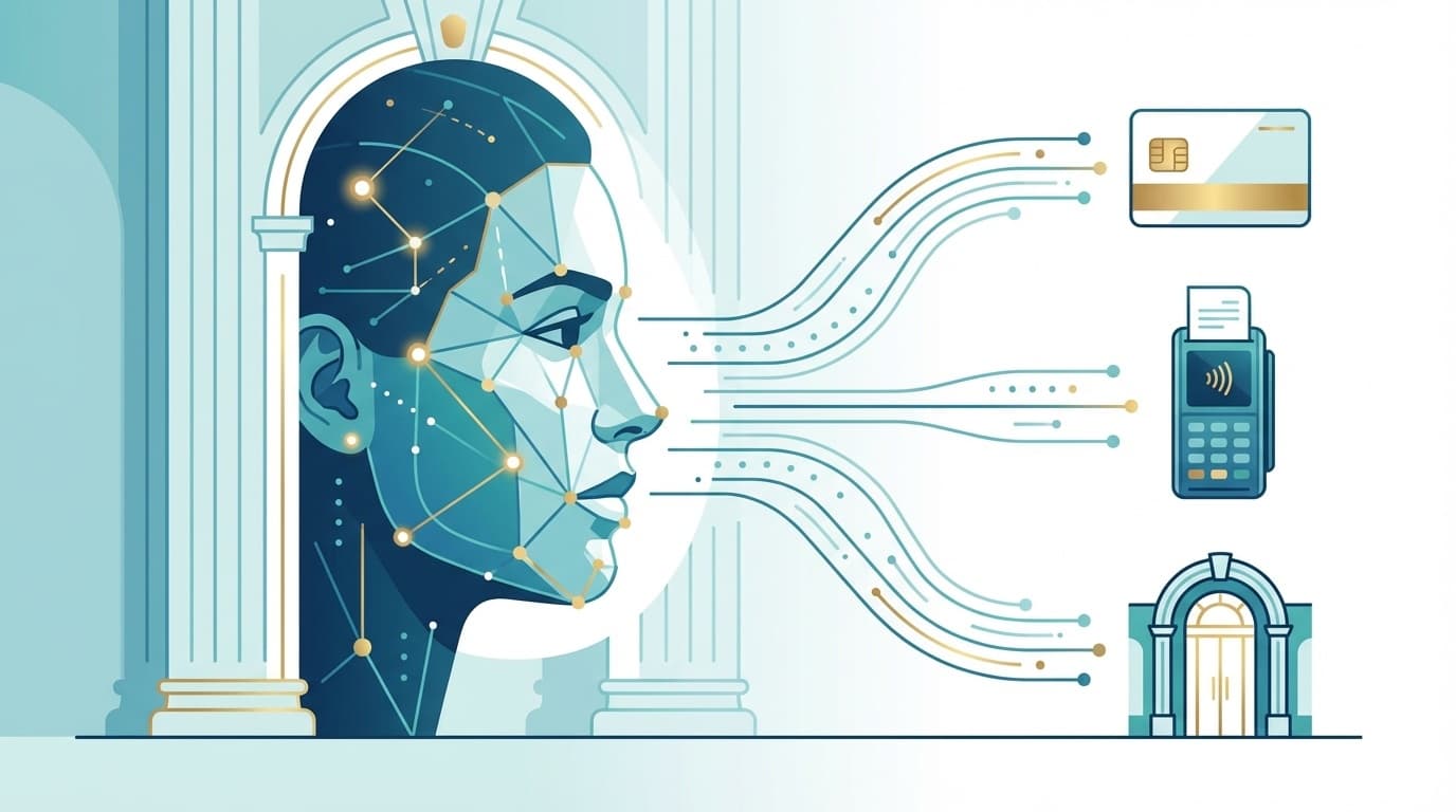 顔認証AIによるホテルの統合ID プラットフォームのコンセプトイラスト