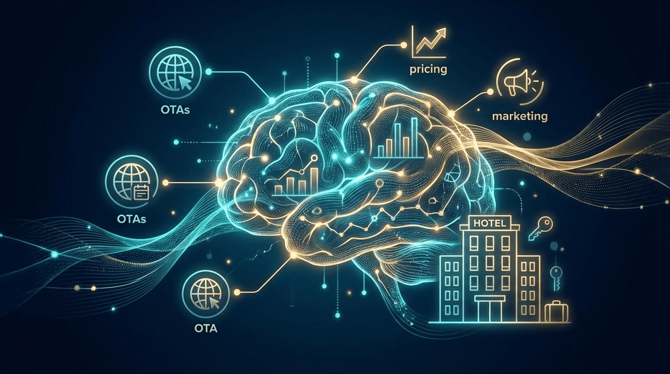 生成AIによる宿泊プラン造成とOTA最適化を表すデジタルアートイラスト