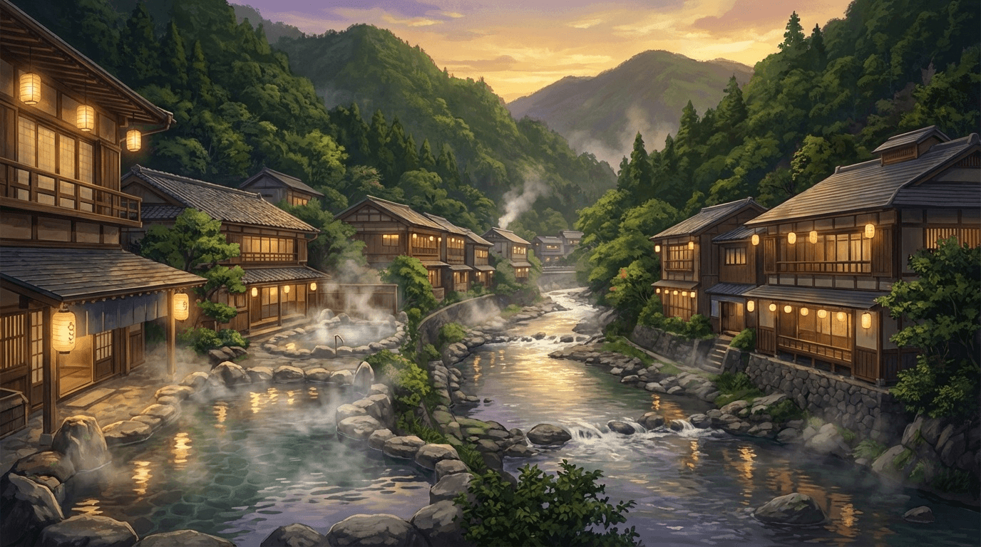 下呂温泉の温泉街と飛騨川沿いの旅館が並ぶ風景イラスト