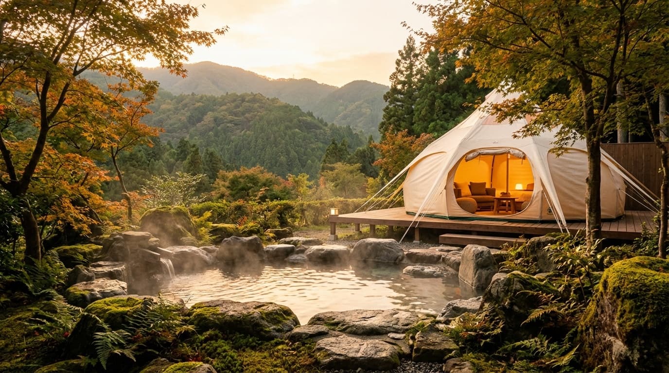 温泉付きグランピング施設のイメージ — 自然に囲まれた露天風呂とドームテント