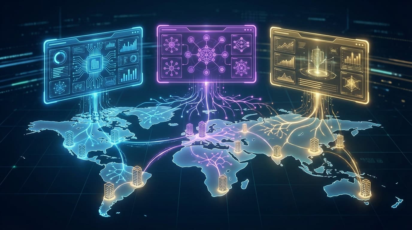 グローバルホテルチェーンのAI統合プラットフォームを象徴するデジタルダッシュボードと世界地図のコンセプトイラスト