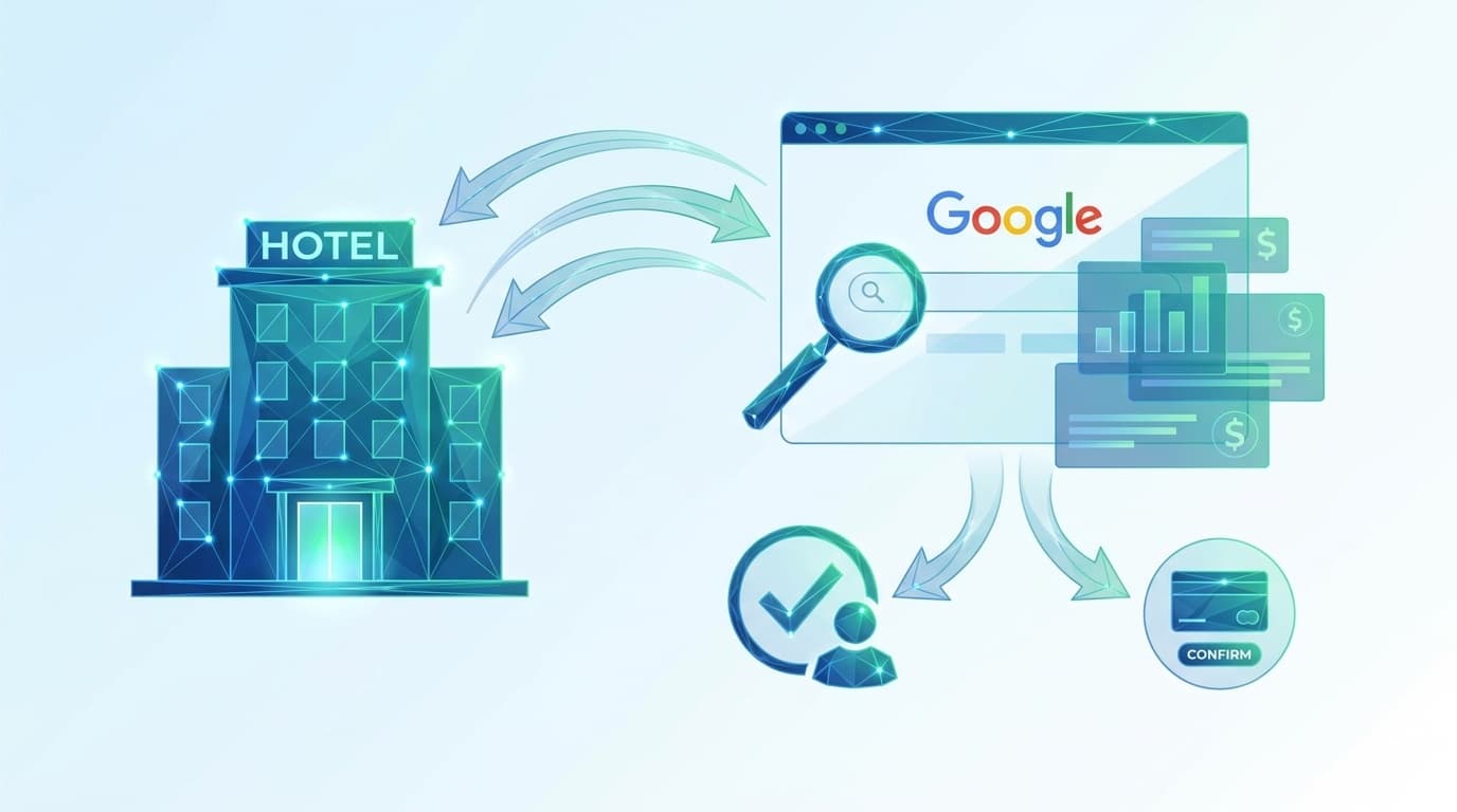Googleホテル広告の仕組みと自社予約への導線を表す概念イラスト