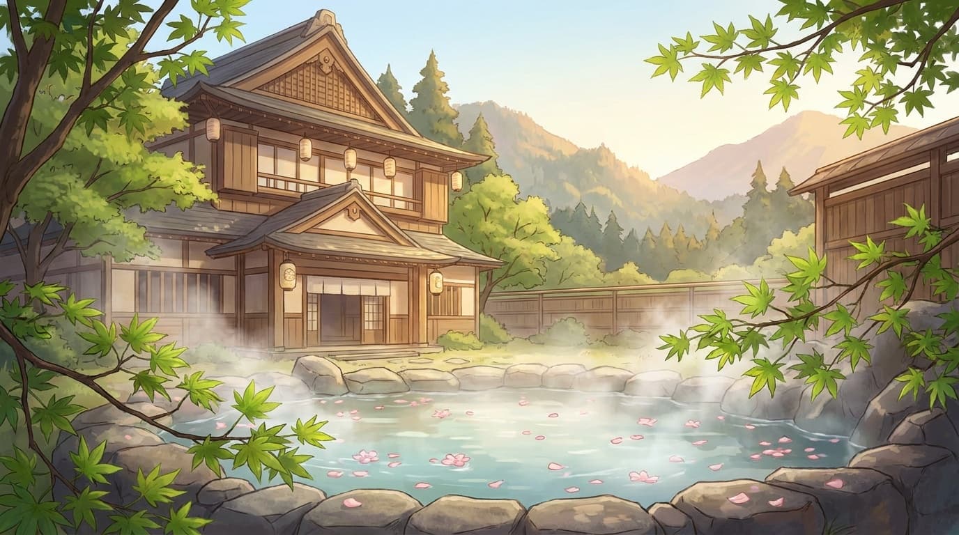 GW温泉旅行おすすめ15選|新緑に包まれた露天風呂と旅館のイメージ