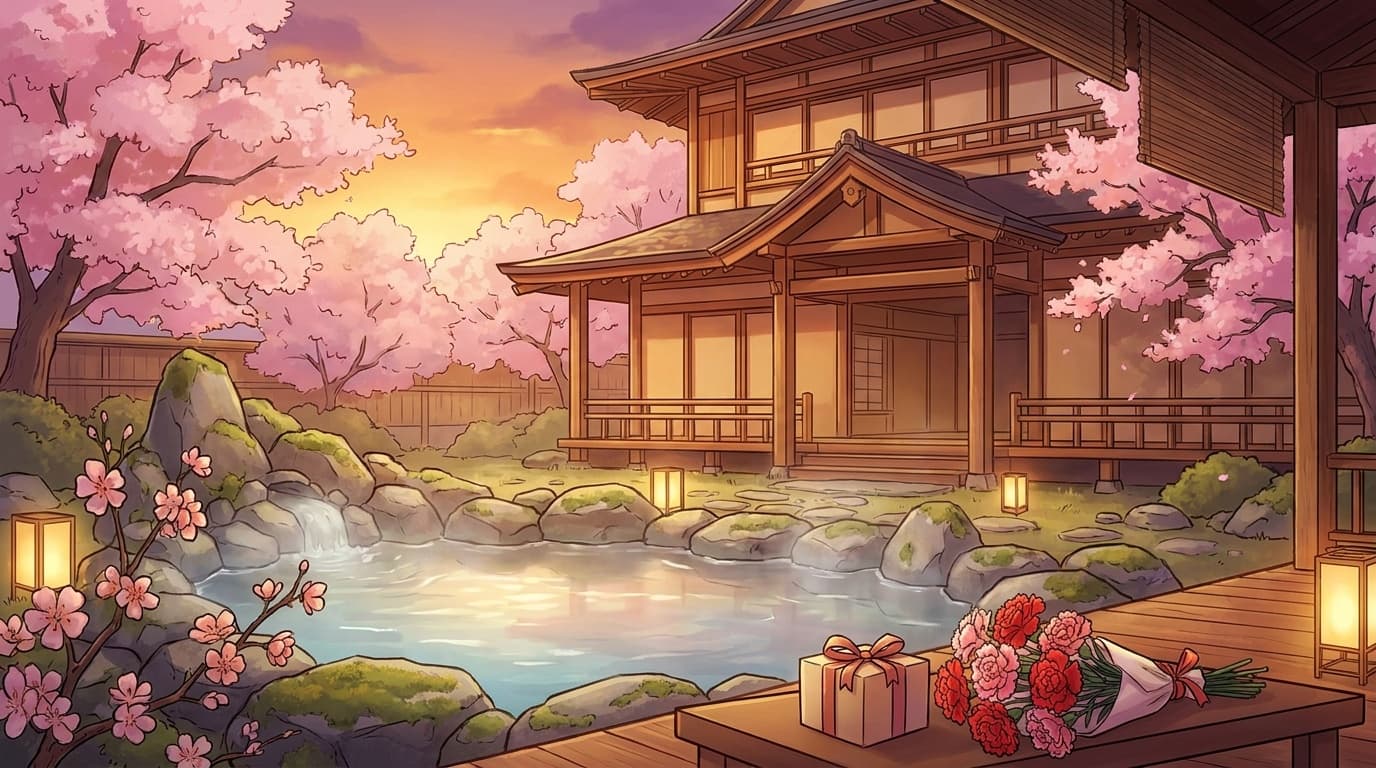母の日に贈る温泉旅行 露天風呂と桜のイメージ