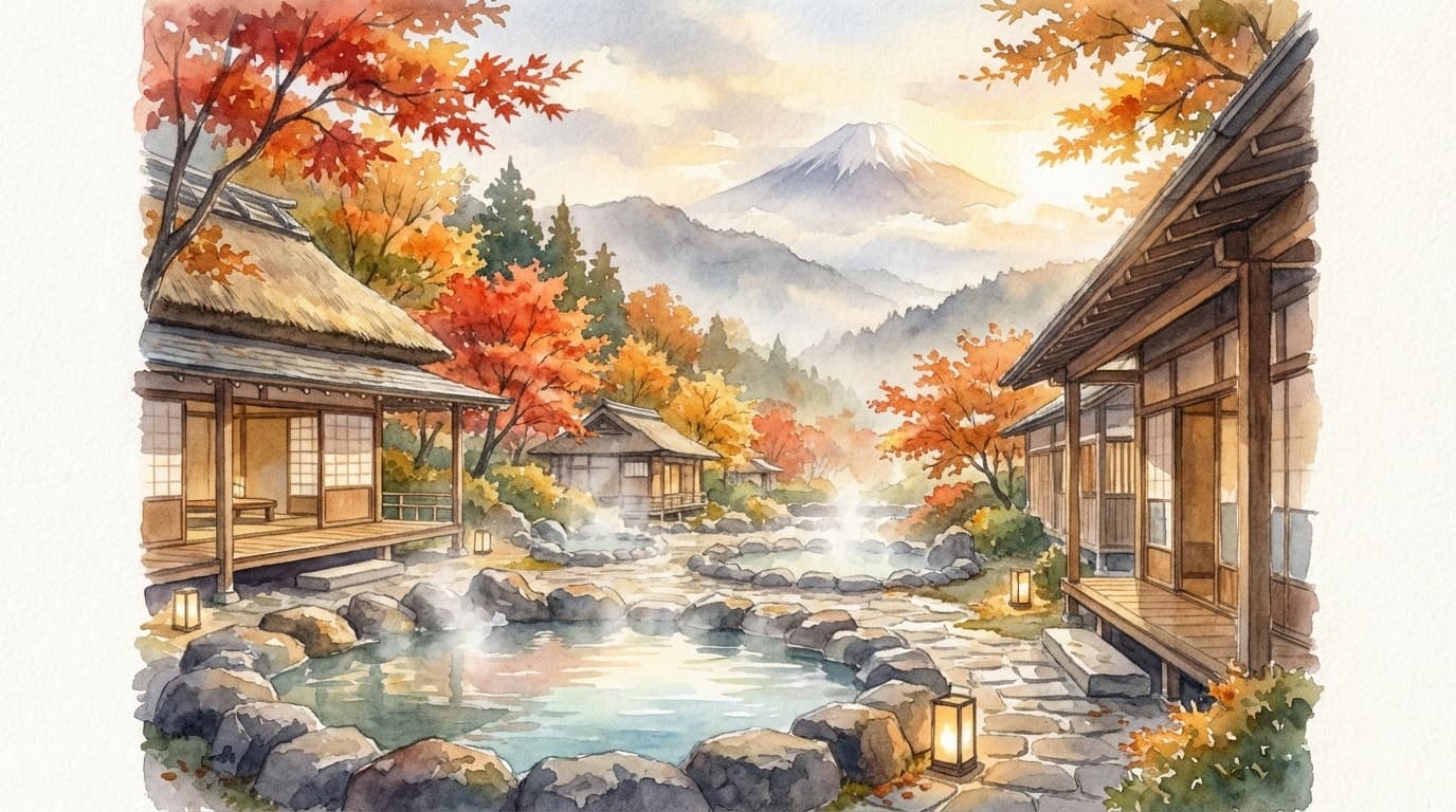 箱根温泉の露天風呂と富士山を望む水彩画風イラスト