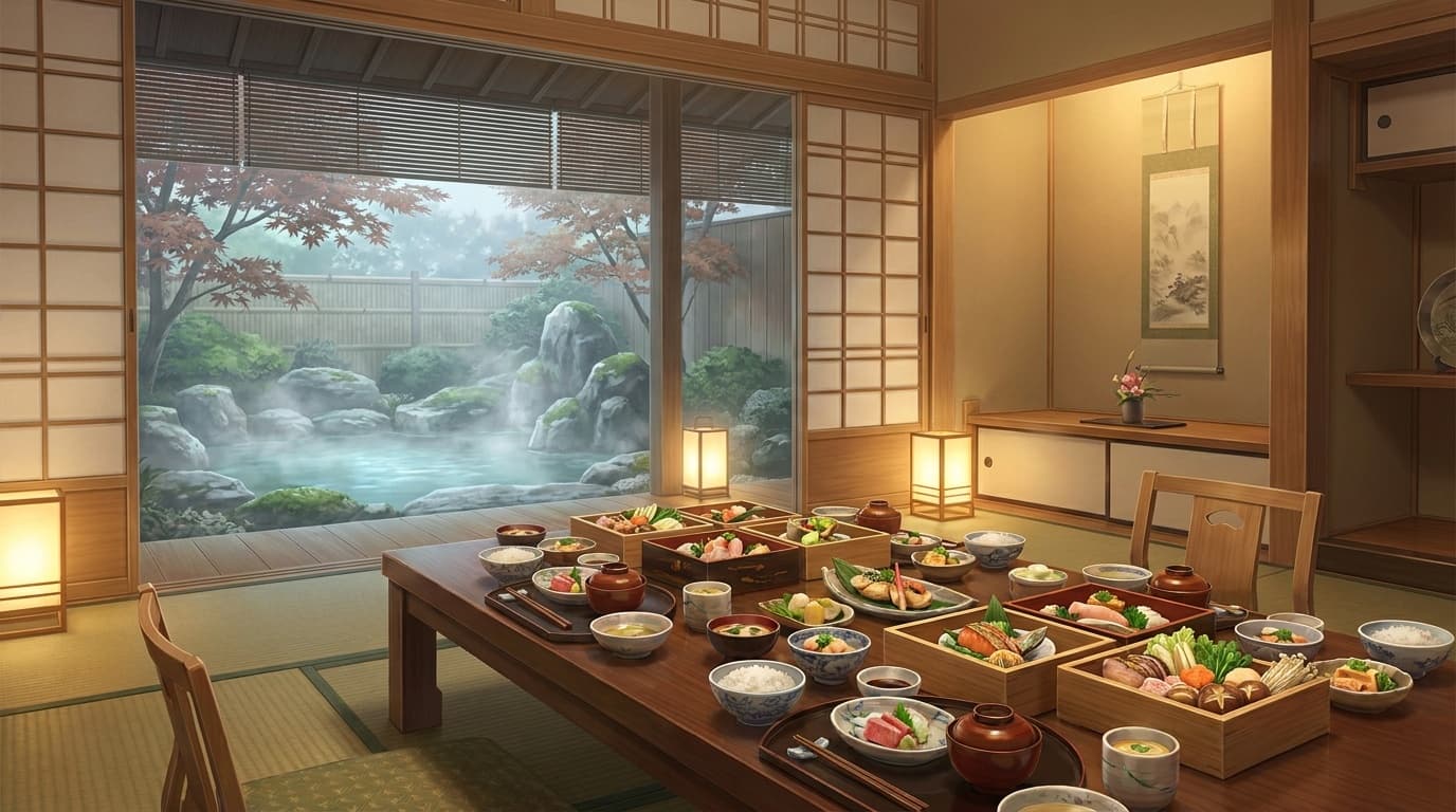 部屋食が楽しめる温泉旅館のイメージ|障子越しに庭園を望む客室で懐石料理を味わう