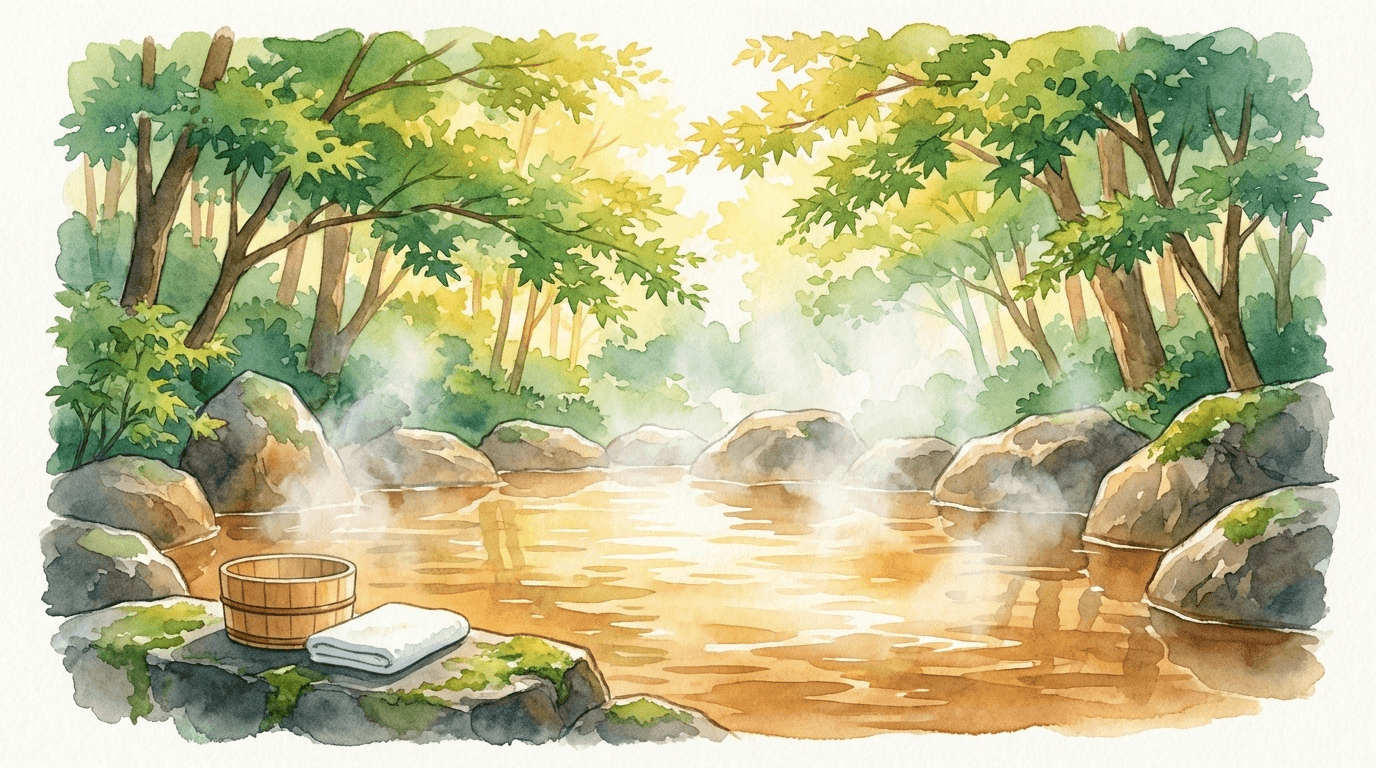 日帰り温泉の露天風呂と緑豊かな自然を描いた水彩画風イラスト