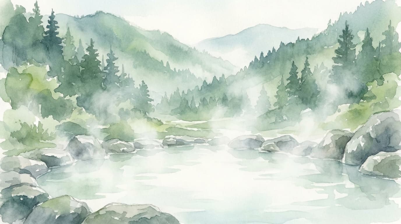 避暑地の高原に佇む露天風呂と緑の山々の水彩画風イラスト