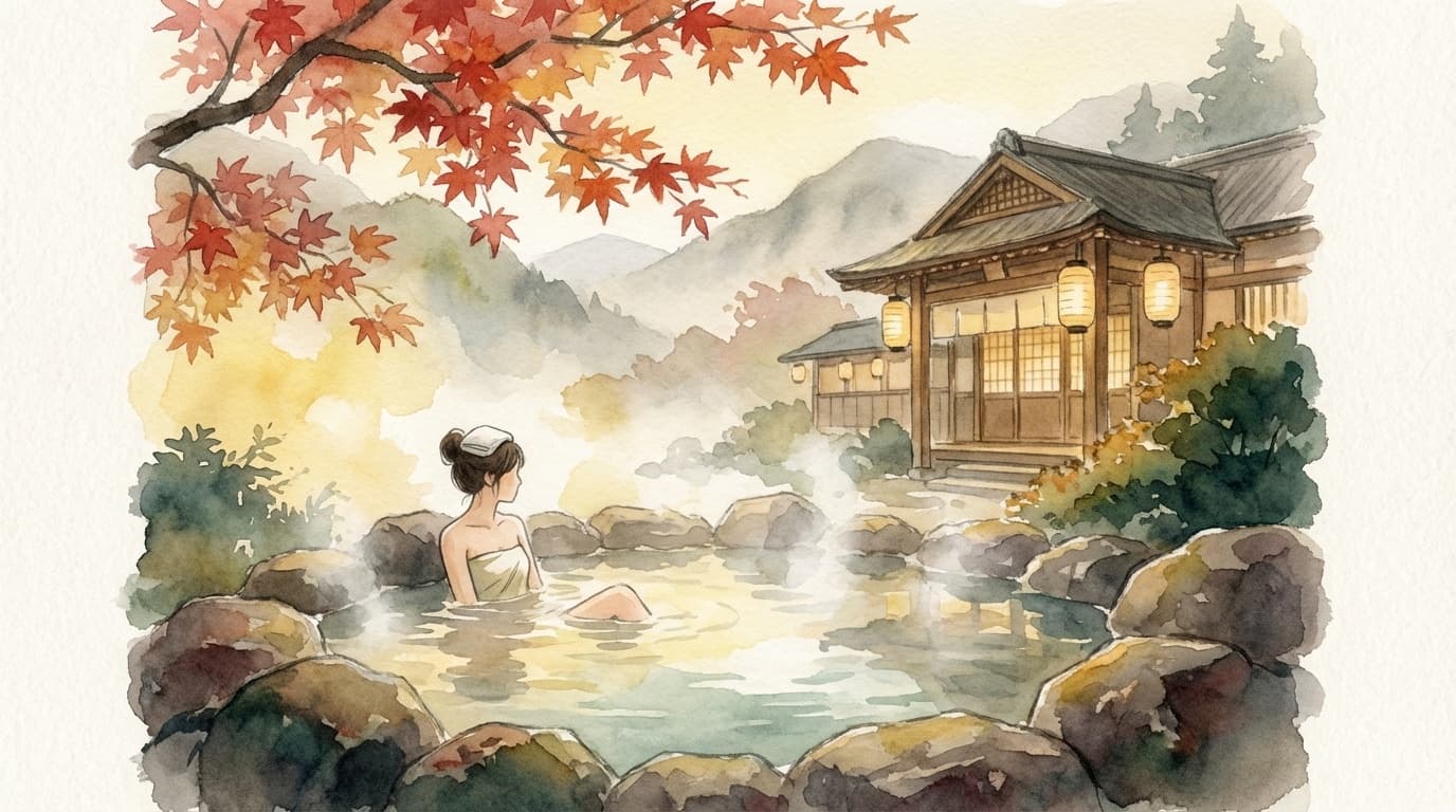 一人旅におすすめの温泉旅館 露天風呂で寛ぐおひとりさまのイメージイラスト