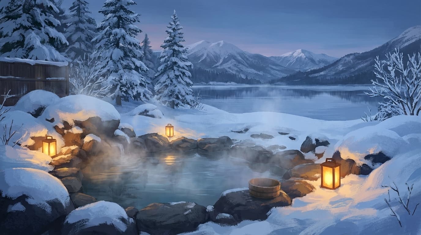 北海道の雪景色に包まれた露天風呂と山々の風景