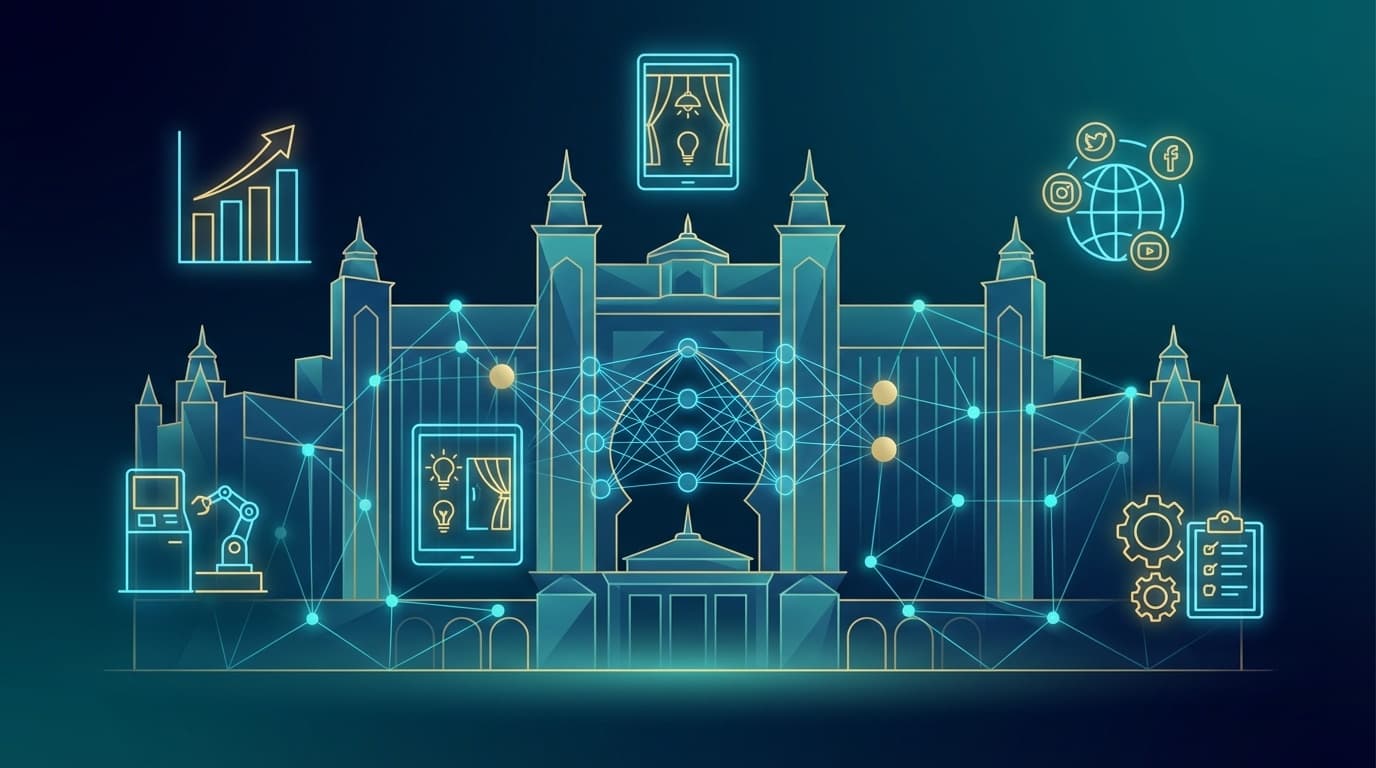 ホテルAI活用の5領域を表す抽象的なデジタルアートイラスト