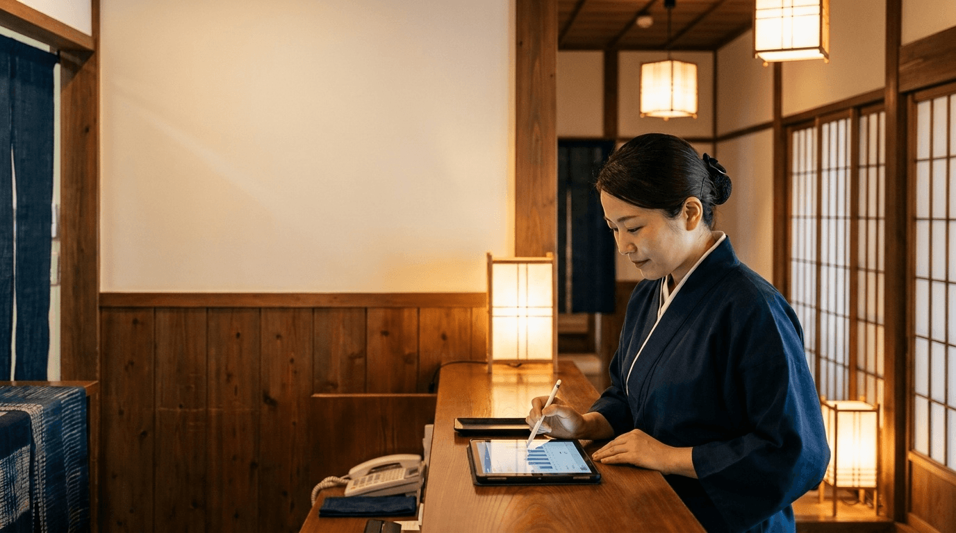 旅館のフロント裏でタブレットの勤怠管理画面を確認するスタッフ