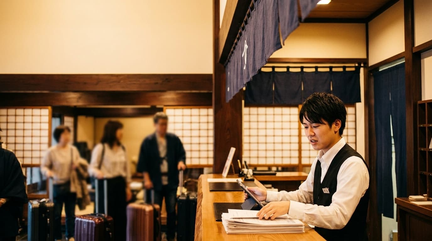 ホテルフロントで忙しく対応する若いスタッフの様子