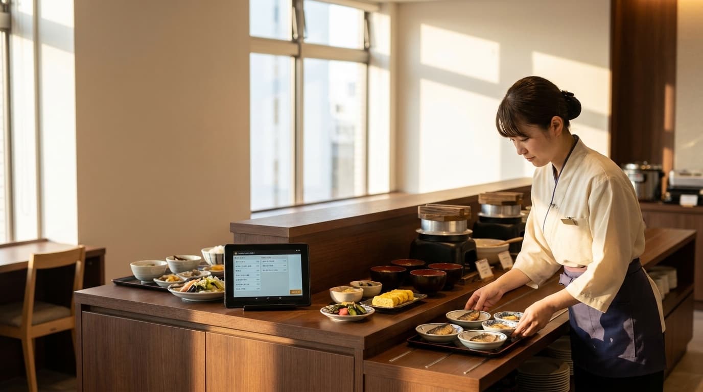 ホテル朝食ビュッフェでスタッフが料理を準備している様子
