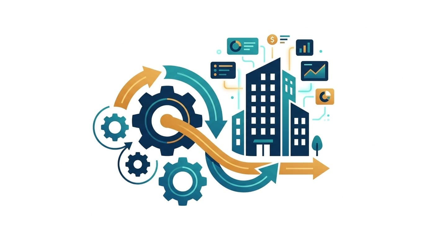 ホテル業務効率化のイメージ:ワークフロー最適化を表す幾何学的なデジタルアートイラスト