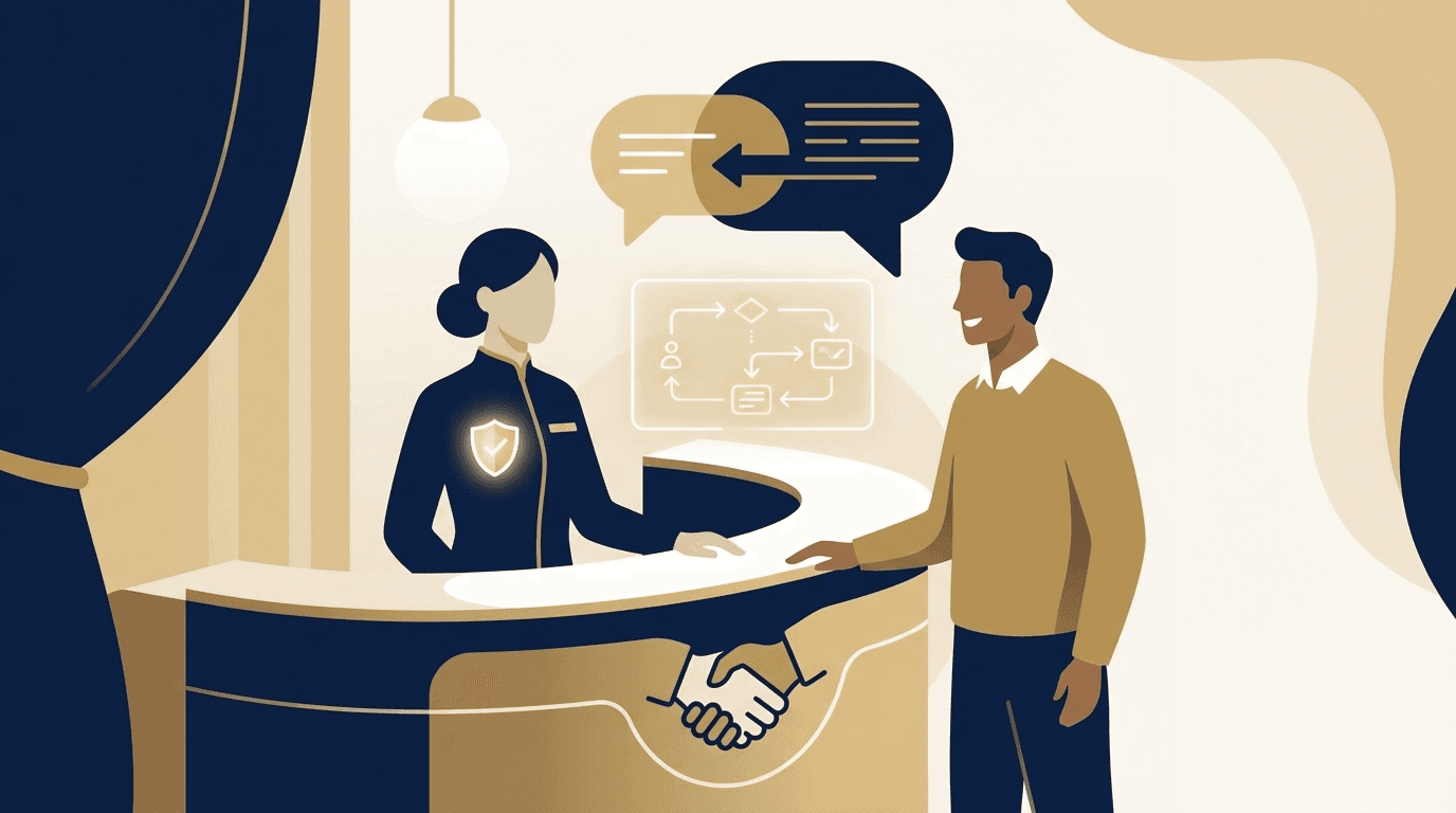 ホテルのクレーム対応マニュアル:傾聴・共感・解決策提示の対応フローを表す概念イラスト