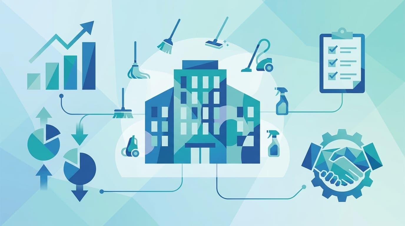 ホテル客室清掃の外注・業者選定を表すビジネスイラスト