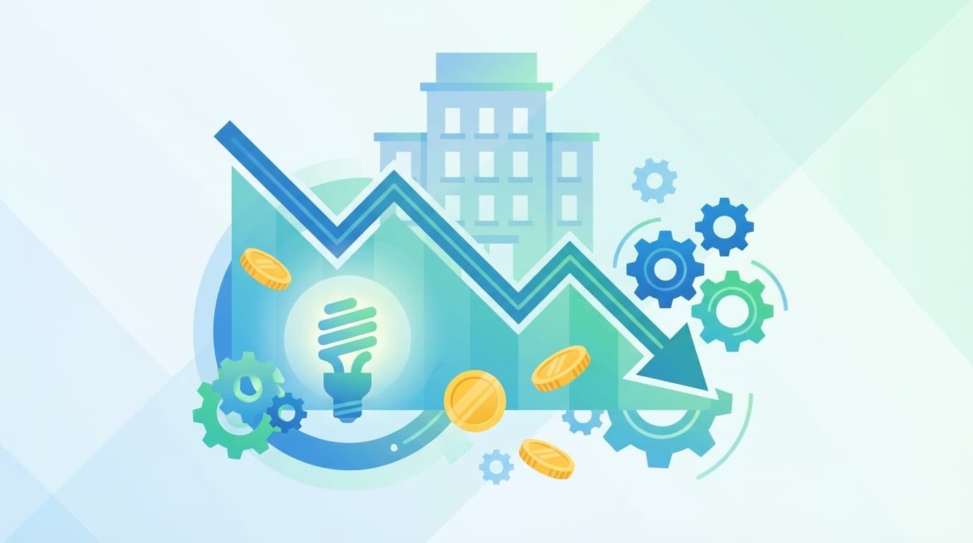 ホテル経費削減のイメージ:コスト下降グラフとホテル建物、省エネ電球、効率化ギアのデジタルアートイラスト