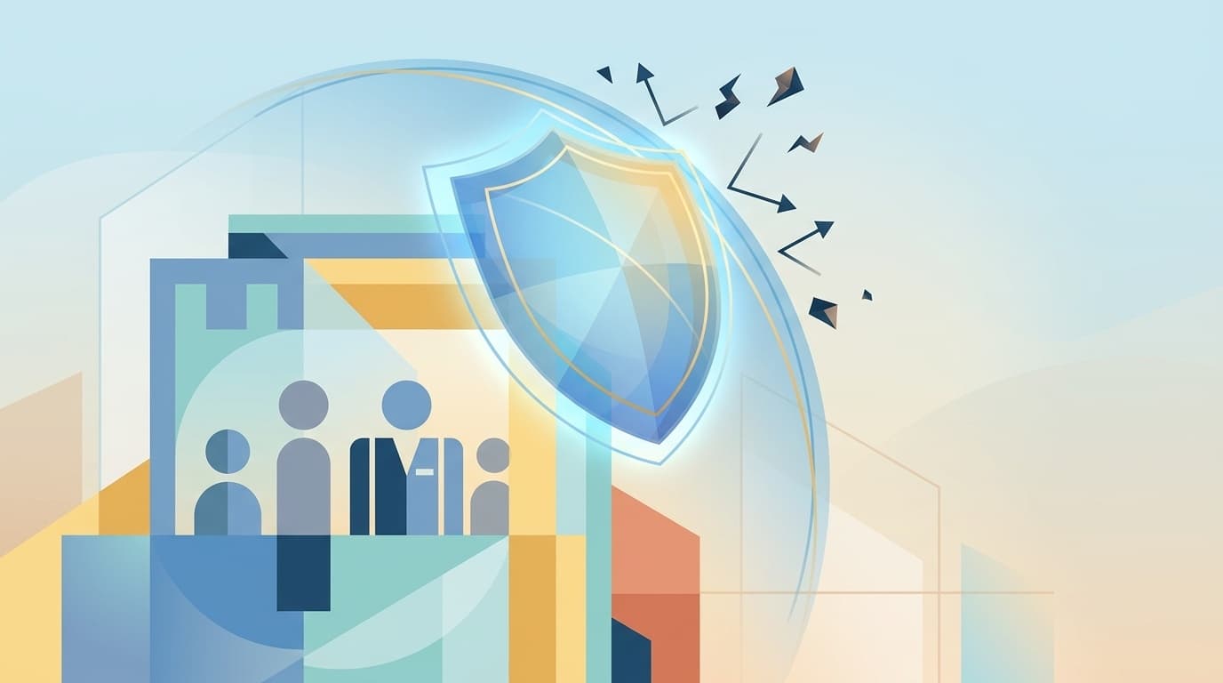 ホテルのカスハラ対策を表す保護シールドとホテル建物のイラスト