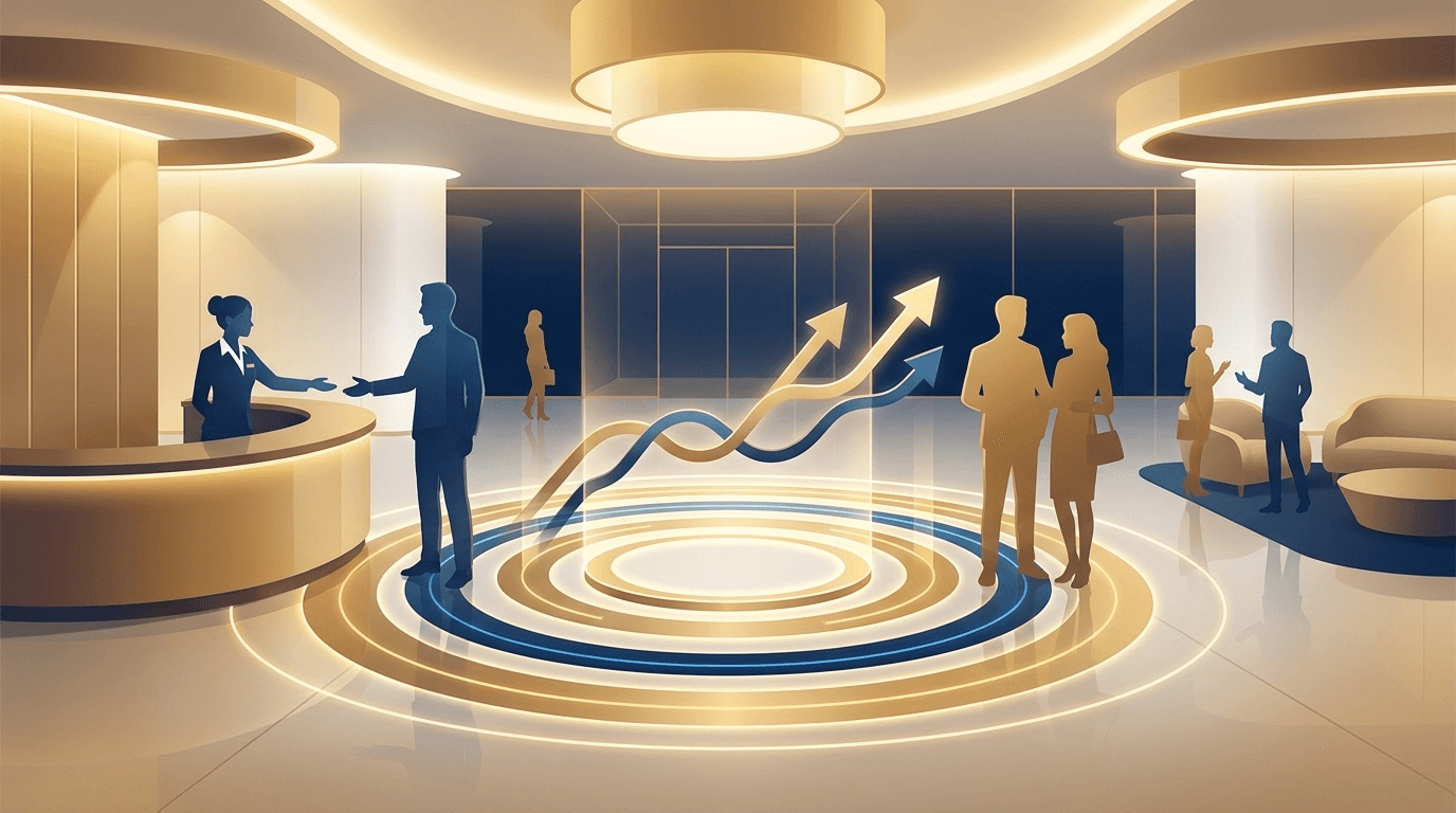 ホテル顧客満足度向上の概念イラスト:ゲストジャーニーのタッチポイントと満足度向上のイメージ