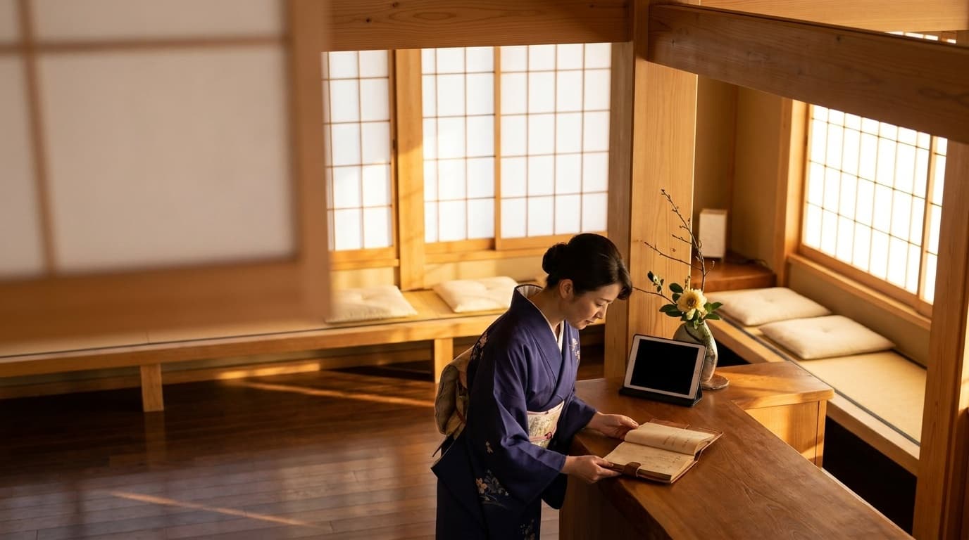 ホテル差別化戦略:旅館ロビーで帳簿を確認する着物姿の女将