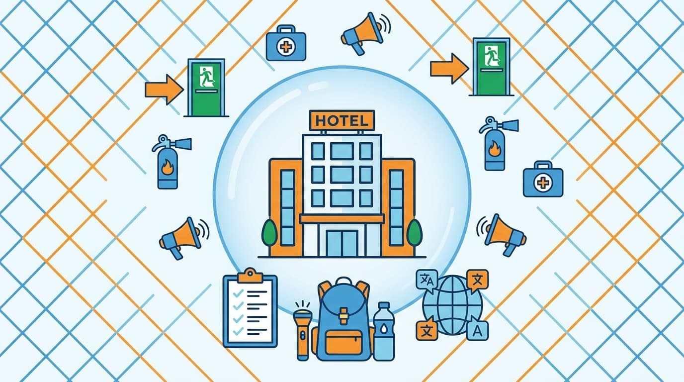 ホテル・旅館の防災対策とBCP策定を表す概念イラスト