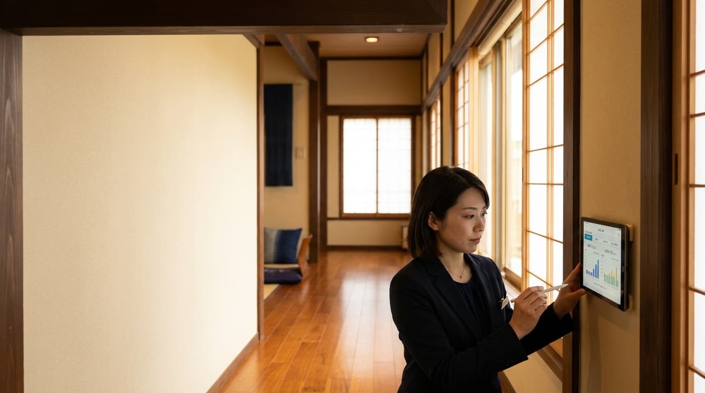 ホテルの施設管理者がエネルギーモニタリングタブレットを確認している様子